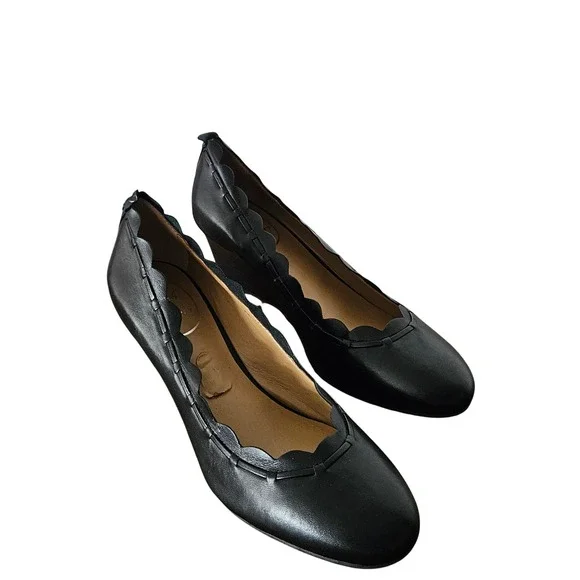 Jack Rogers Women's Black Leather Scalloped Whipstitch Wedge Pumps Shoes 7.5 - Picture 5 of 7